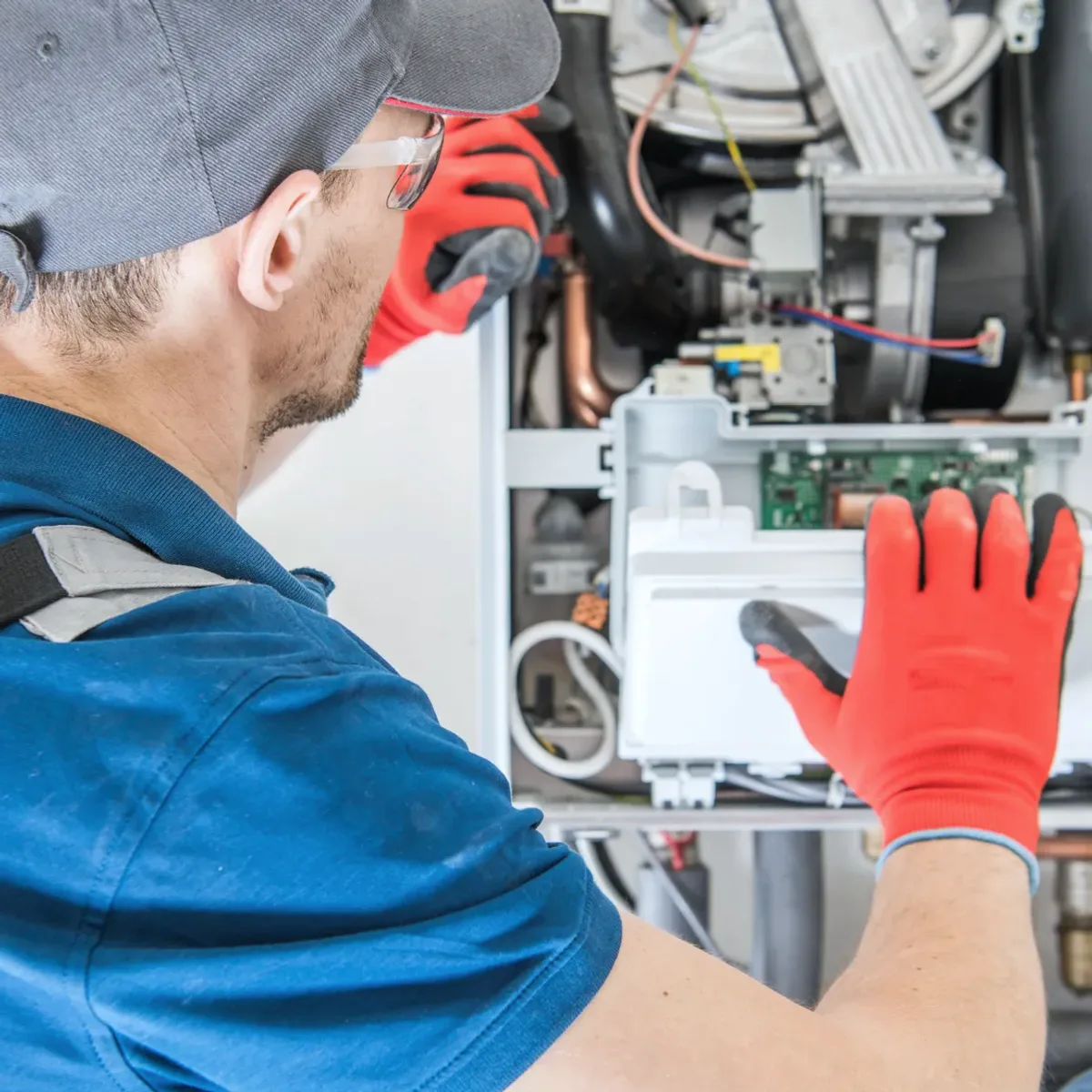 Technician in red gloves servicing a boiler's controls
