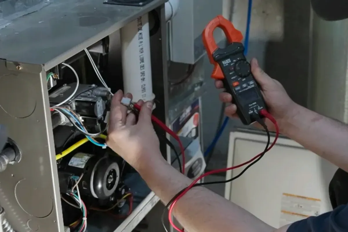 Technician testing a furnace's wiring with a clamp meter